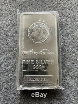 10 Troy Oz. Morgan Dollar Logo Silver Bar. 999% Sealed In Plastic & Made In USA