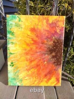 11X14 Epoxy Resin Sealed Fluid Art Acrylic Paint Pour Sunflower OOAK Made In USA